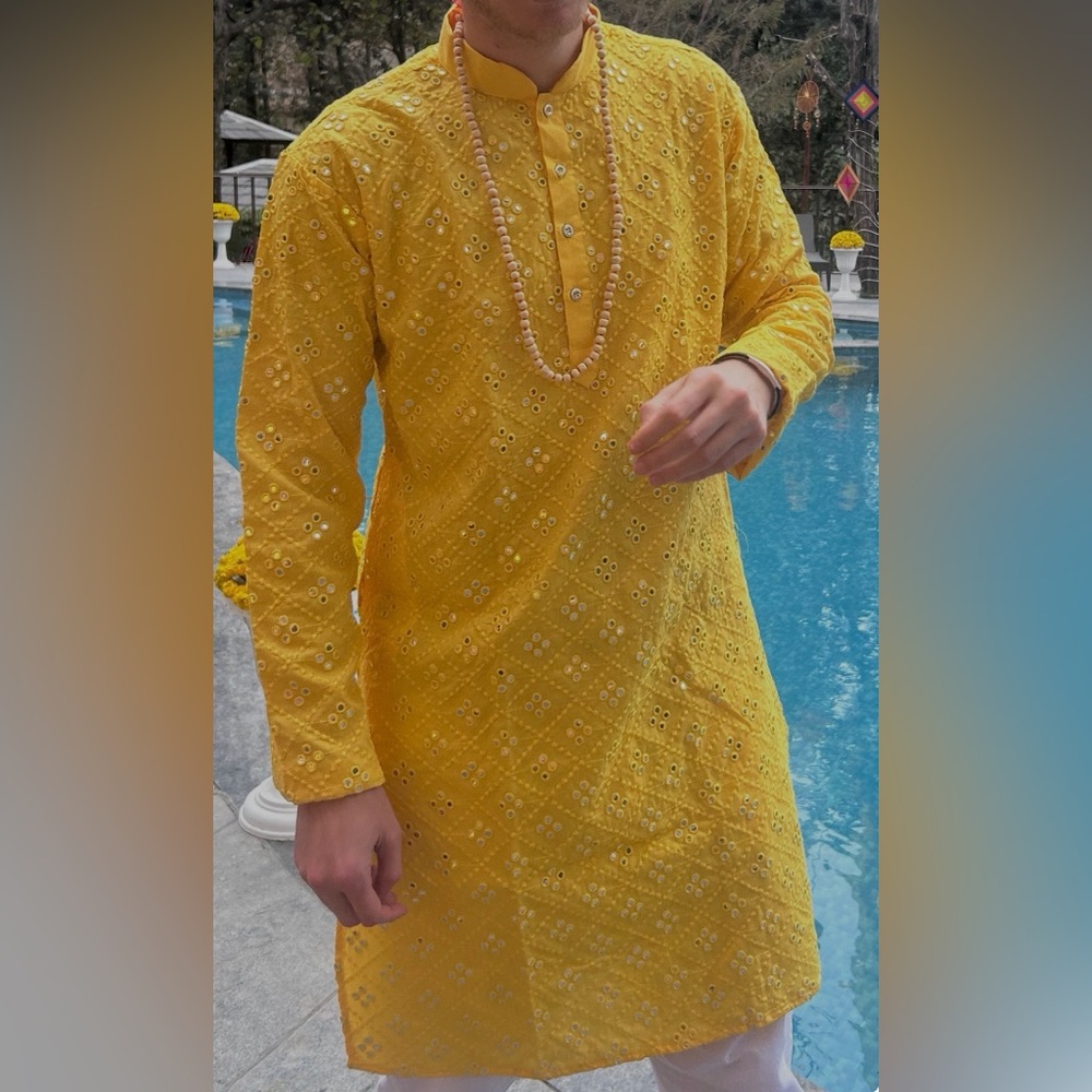 Yellow Eyelet Embroidered Kurta